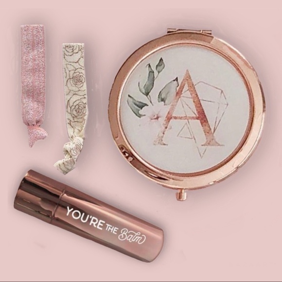 “A” Compact, Mirror, Lip Balm, & Metallic Floral Filigree Hair Ties Gift Set - Picture 2 of 8